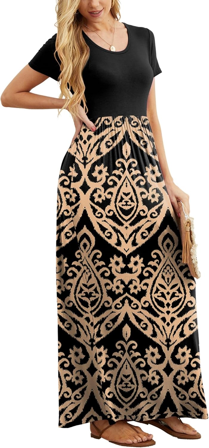 Manufacturer  GRECERELLE Women Summer Crew Neck Casual Short Sleeve Solid Floral Print Long Maxi Dress with Pockets dresses