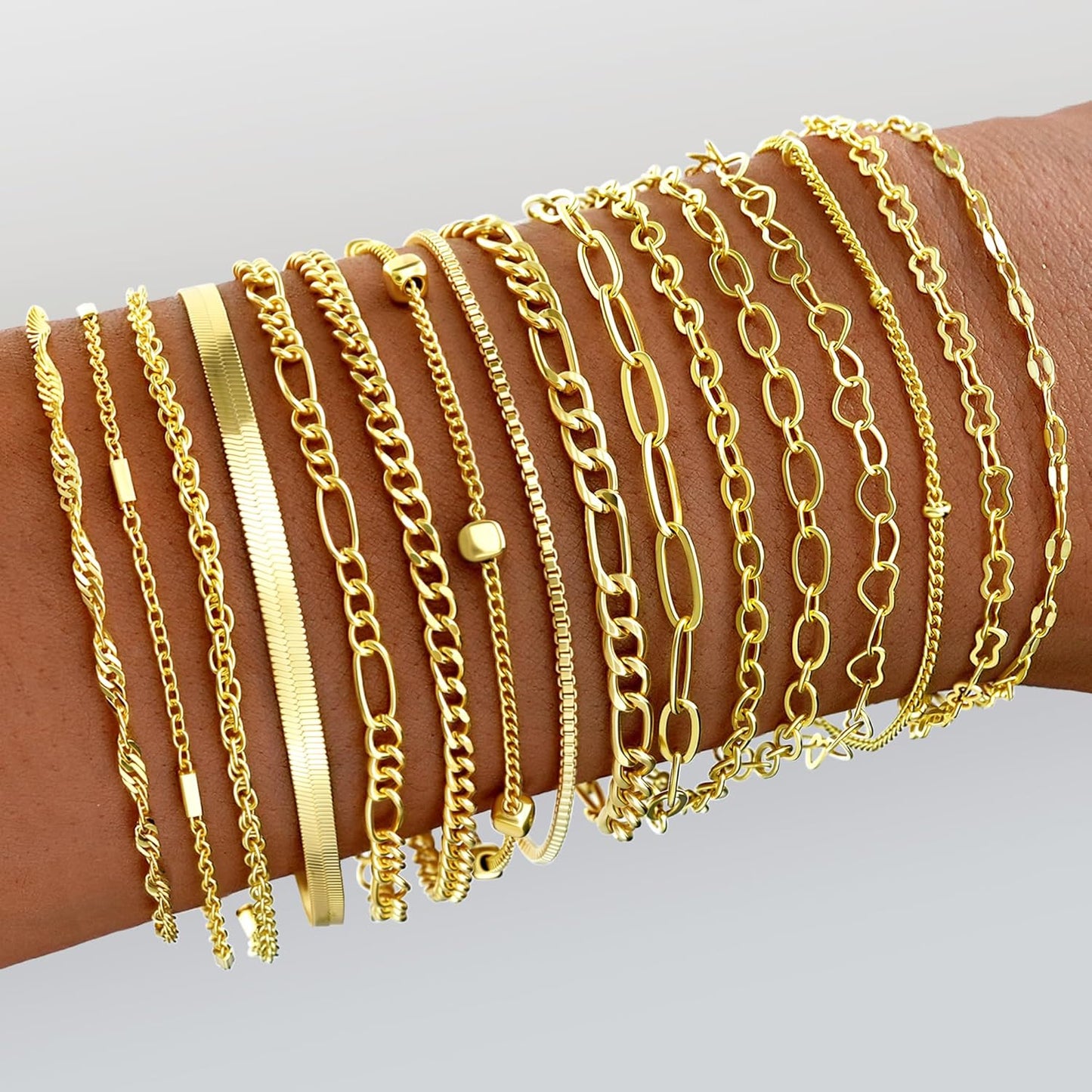 Manufacturer  16 PCS Gold Bracelets for Women, Dainty Bracelets Set for Women Trendy, Gold Stackable Cuban Link Paperclip Chain Bracelet Pack Jewelry Gifts for Women  bracelets