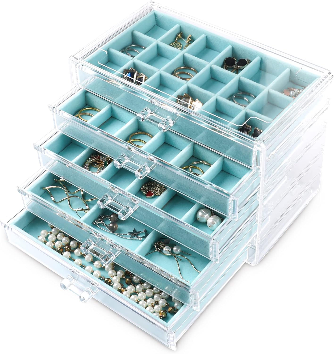 Manufacturer  Frebeauty Acrylic Jewelry Organizer Earring Organizer Box with 5 Drawers Earring Holder Organizer with Velvet Trays Clear Jewelry Box for Women Earring Display for Rings Studs(Beige)   rings