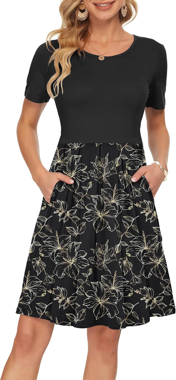 Manufacturer  AUSELILY Women's Short Sleeve Summer Dress Pleated Loose Swing Knee Length Dresses with Pockets  New dresses