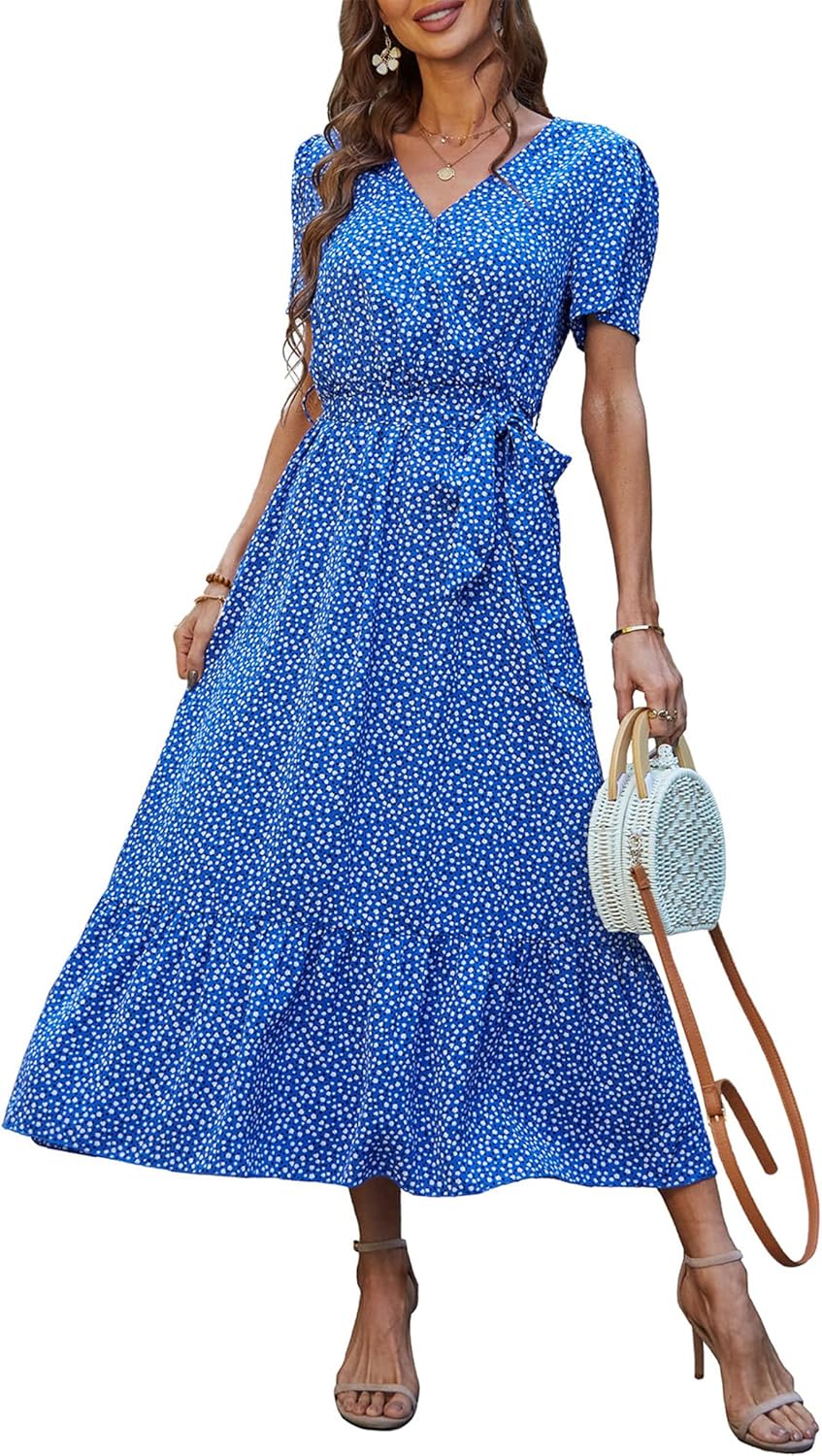 Manufacturer  PRETTYGARDEN Women's Summer Floral Boho Maxi Dress Wrap Short Sleeve V Neck Ruffle A-Line Flowy Wedding Guest Long Dresses dresses