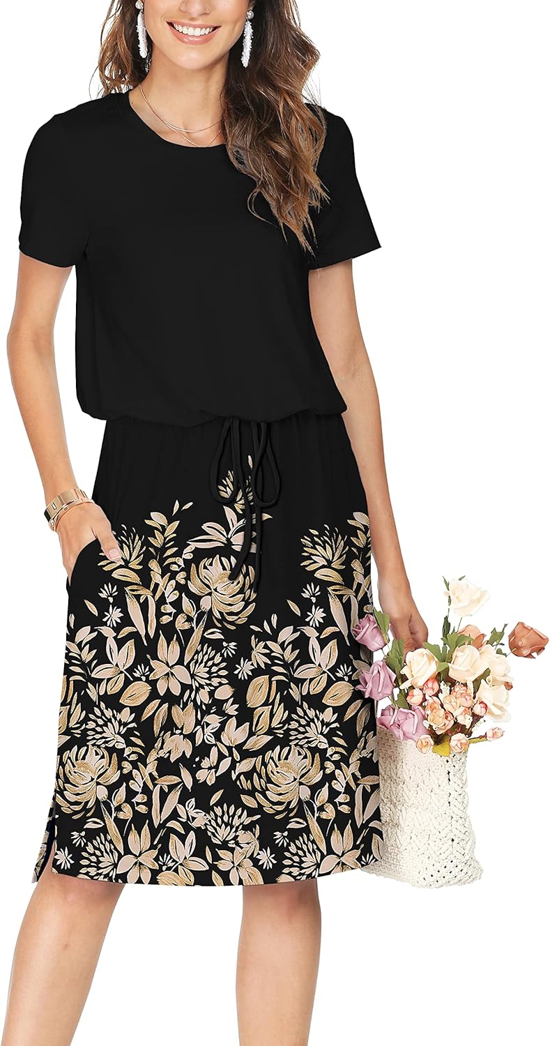 Manufacturer  Simier Fariry Womens Summer Hide Belly Knee Length Travel Dress Pocket Short Sleeve Midi Work Casual Teacher Outfit dresses