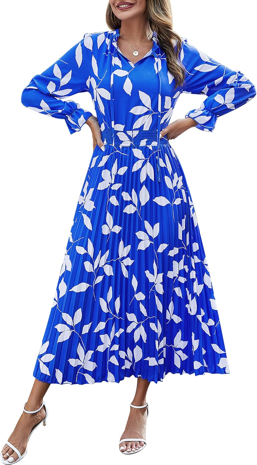 Manufacturer PRETTYGARDEN Women's  Spring Fall Midi Dress Casual Long Sleeve V Neck Swiss Dot Pleated A Line Flowy Dresses