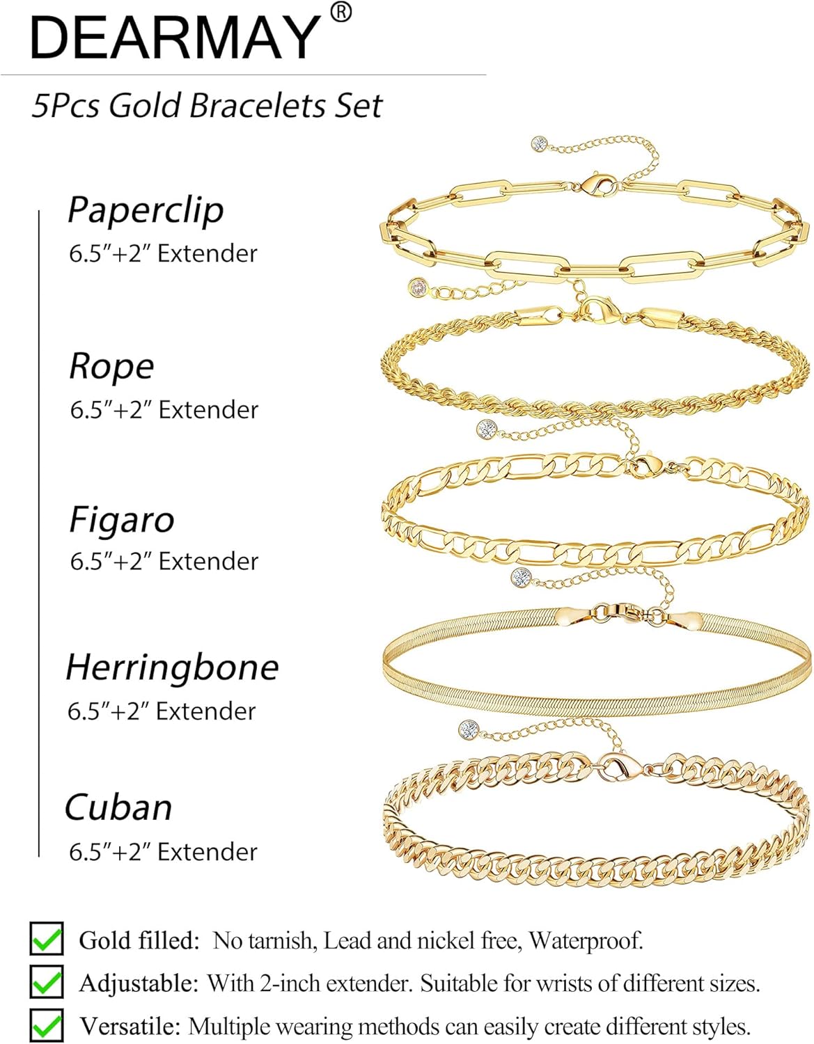 Manufacturer  DEARMAY Gold Bracelets - Real 14K Women's Cute Tennis Cubic Beaded Link Paperclip Dainty Bracelet Pack  bracelets