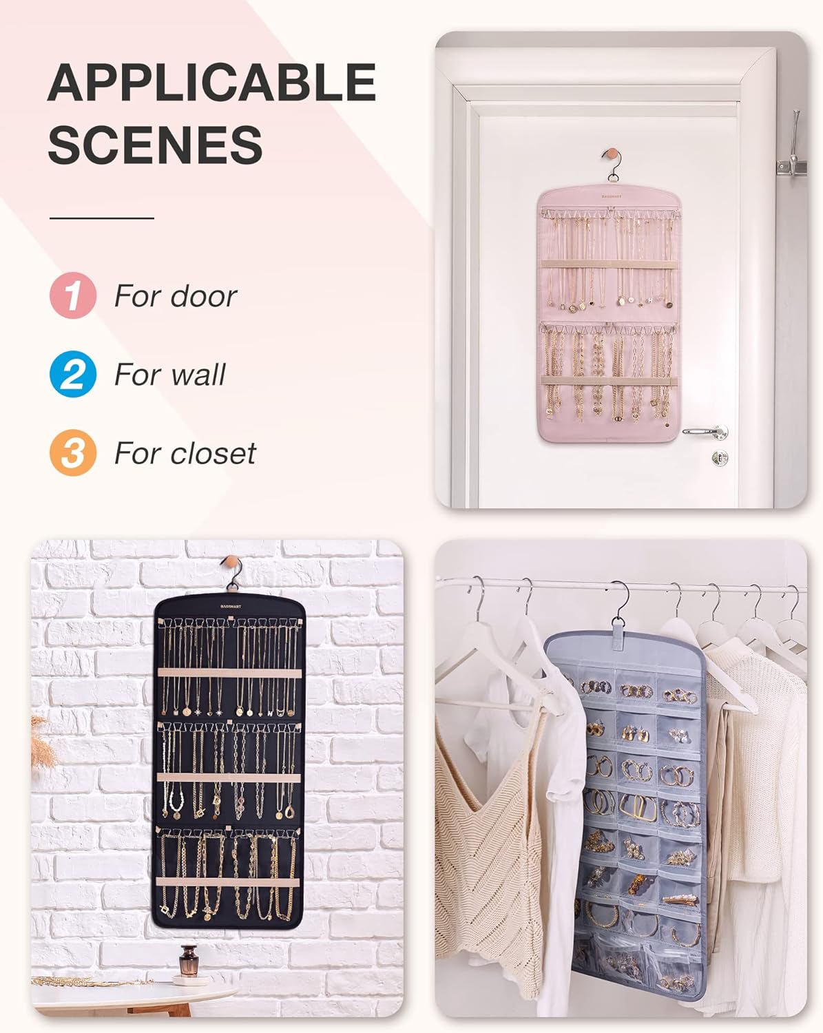 Manufacturer  BAGSMART Hanging Jewelry Organizer, Necklace Holder Anti-tangle Earrings Rings Hanger with 20 Jewelry Bags Travel Storage Roll with Pockets Hang on Closet, Wall, Door,1 Piece, Large, Black  earring