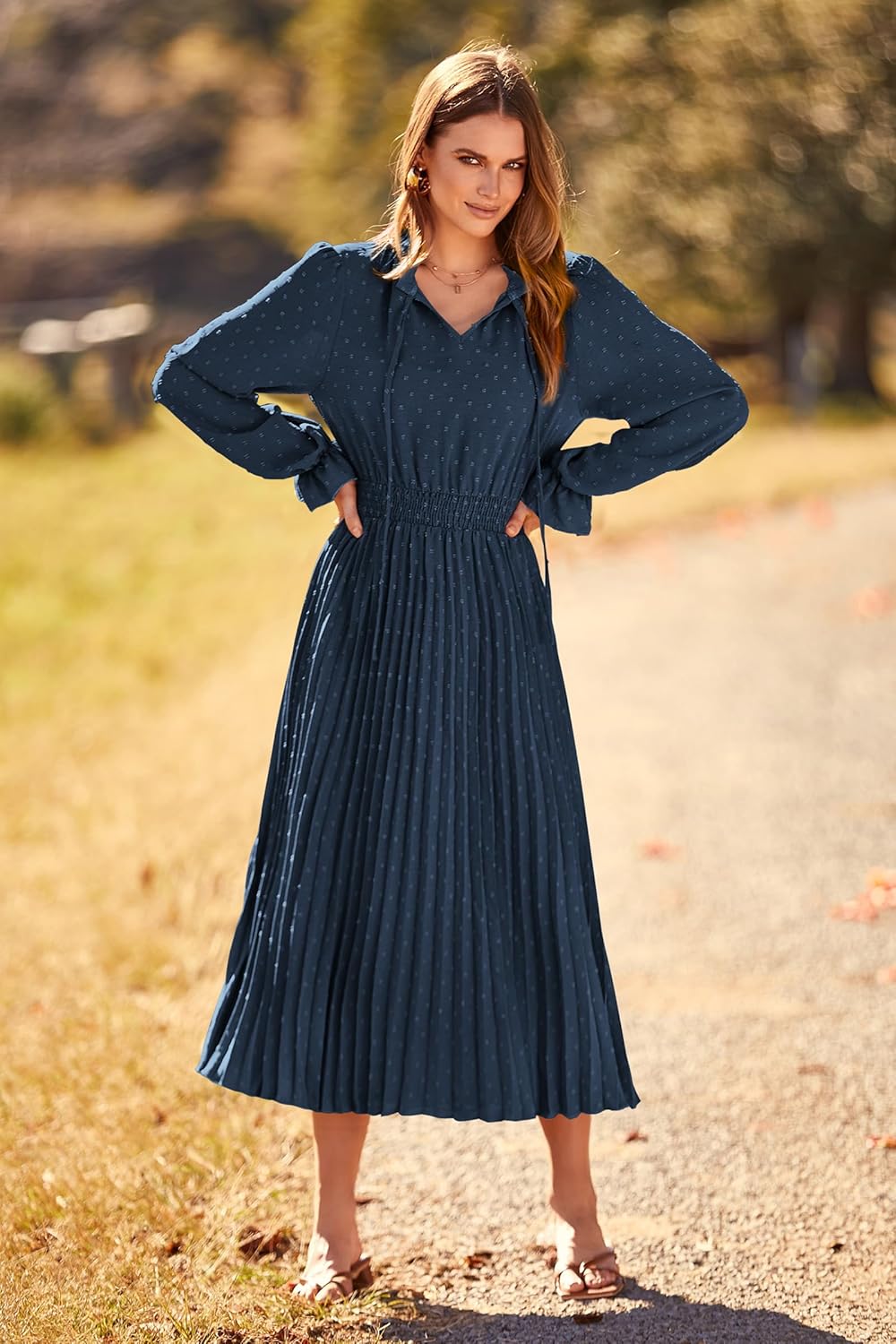 Manufacturer PRETTYGARDEN Women's  Spring Fall Midi Dress Casual Long Sleeve V Neck Swiss Dot Pleated A Line Flowy Dresses