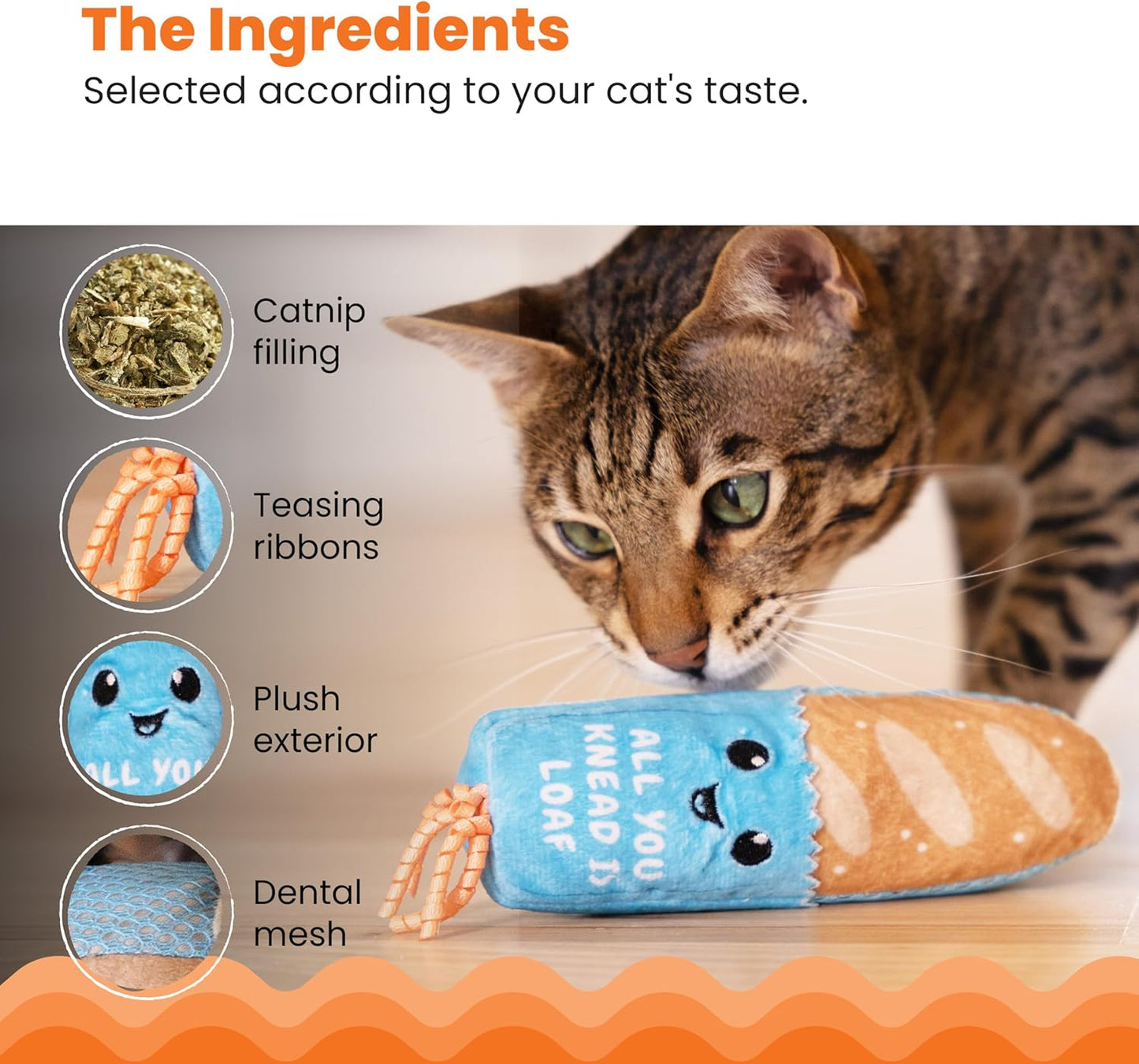 Manufacturer  Catstages Loaf Kicker Toy with Catnip and Dental Mesh, Bread Shape, Plush and Ribbon Cat Toy for Kicking, Tossing, and Teeth Cleaning, Tan    Cat toy
