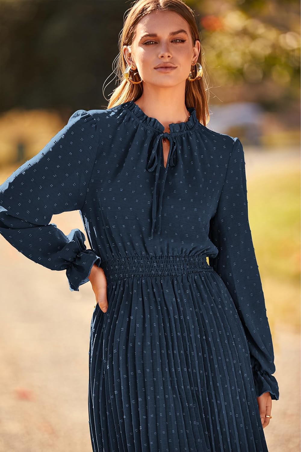 Manufacturer PRETTYGARDEN Women's  Spring Fall Midi Dress Casual Long Sleeve V Neck Swiss Dot Pleated A Line Flowy Dresses