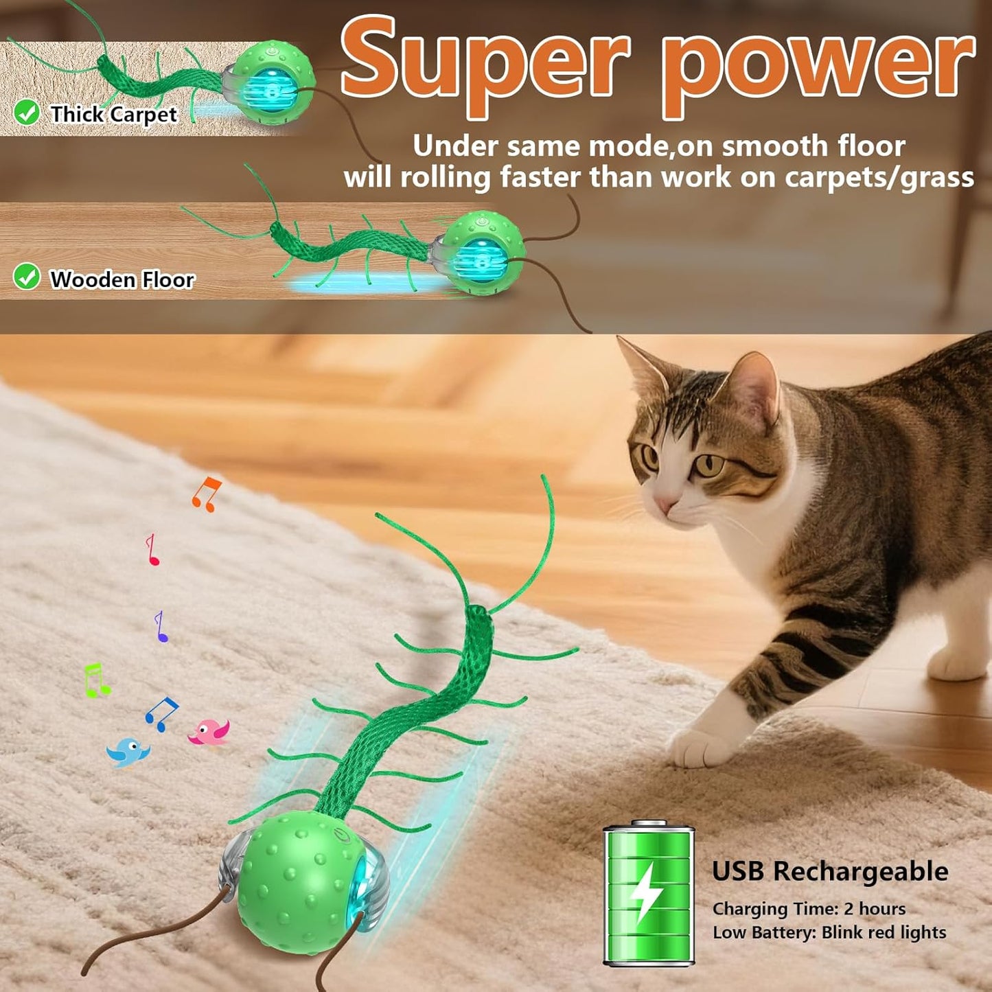 Manufacturer  Interactive Cat Toys for Bored Cats, with Chirping, Centipede Motion Wake-up Super Motor Cat Ball on Rug    Cat toy