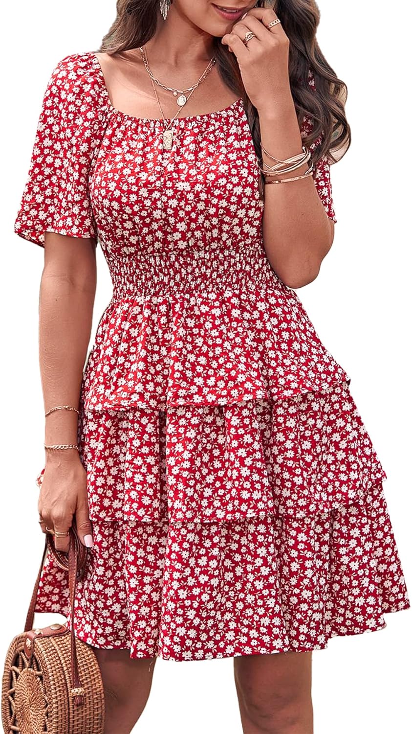 Manufacturer  PRETTYGARDEN Women's  Floral Summer Short Dress Square Neck Short Sleeve Tiered Ruffle Boho Swing Dresses dresses