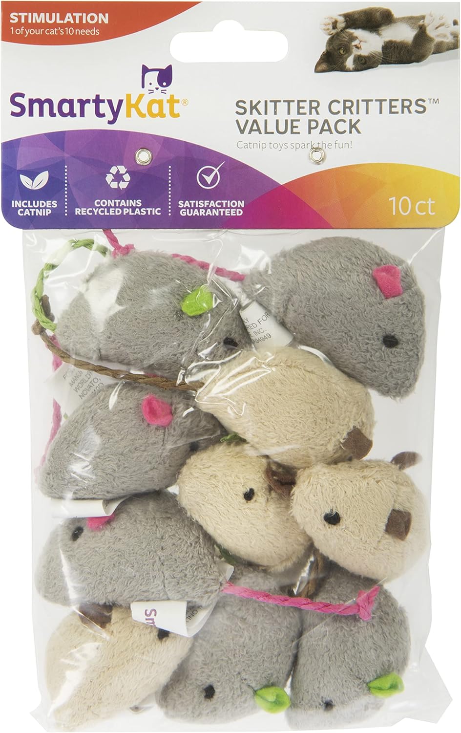 Manufacturer  SmartyKat Skitter Critters Value Pack Catnip Cat Toys - Gray/Cream, Set of 10    Cat toy