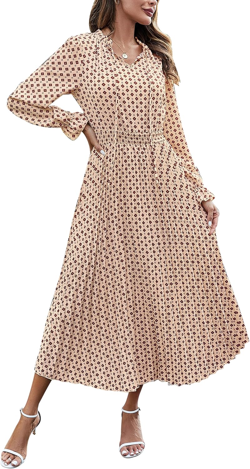 Manufacturer PRETTYGARDEN Women's  Spring Fall Midi Dress Casual Long Sleeve V Neck Swiss Dot Pleated A Line Flowy Dresses