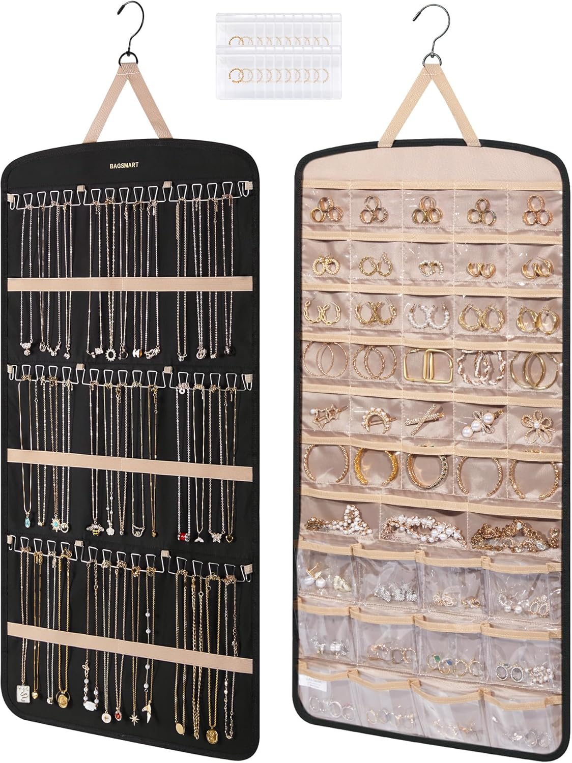 Manufacturer  BAGSMART Hanging Jewelry Organizer, Necklace Holder Anti-tangle Earrings Rings Hanger with 20 Jewelry Bags Travel Storage Roll with Pockets Hang on Closet, Wall, Door,1 Piece, Large, Black  earring