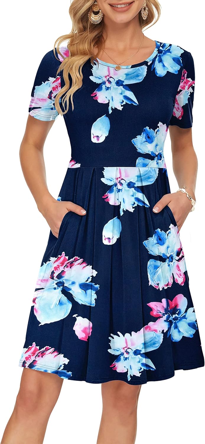 Manufacturer  AUSELILY Women's Short Sleeve Summer Dress Pleated Loose Swing Knee Length Dresses with Pockets  New dresses