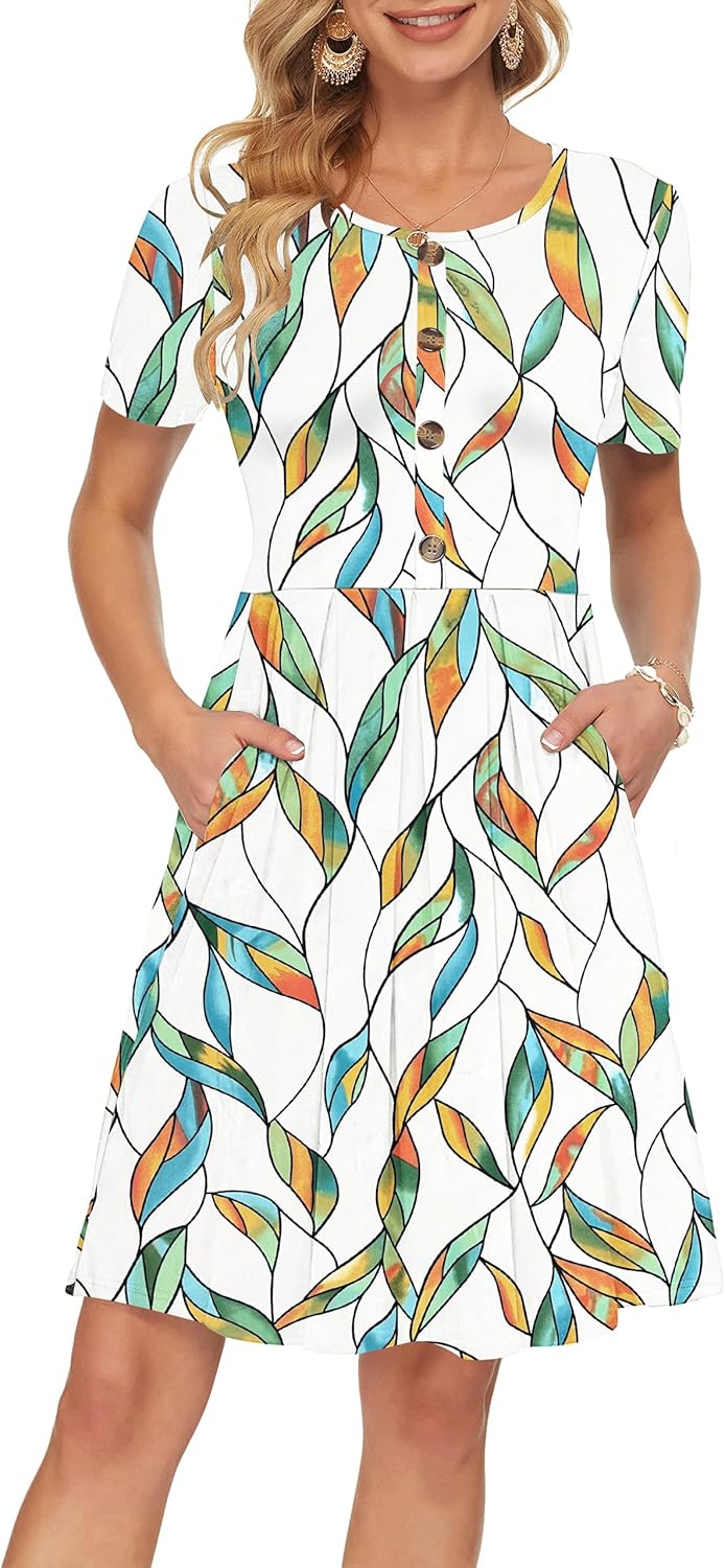 Manufacturer  AUSELILY Women's Short Sleeve Summer Dress Pleated Button Down Knee Length Dresses with Pockets New dresses