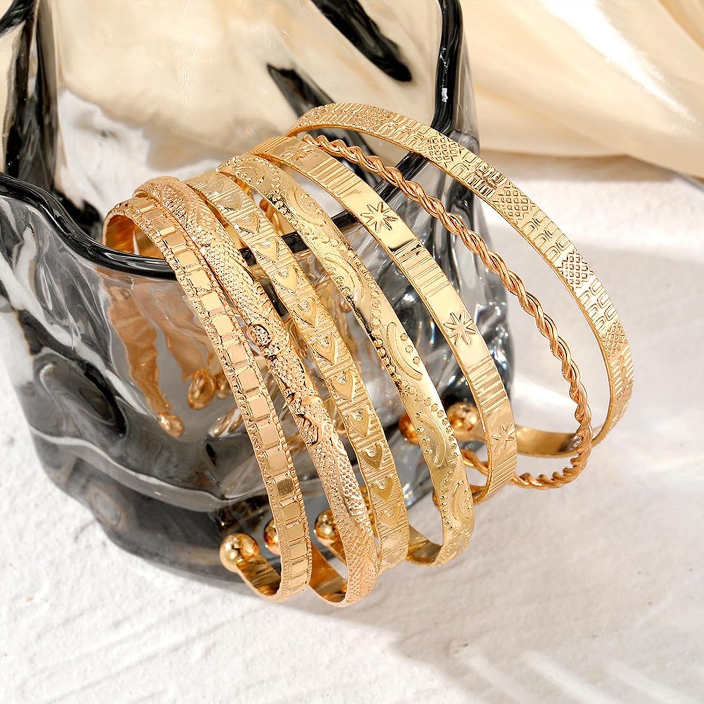 Manufacturer  IFKM Gold Bangle Bracelets For Women, 14k Gold Plated Multi Layer Stackable Cuff Bracelet Set, Trendy Elegance Charms Non Tarnish Minimalist Textured Boho Jewelry Gift for Women  bracelets