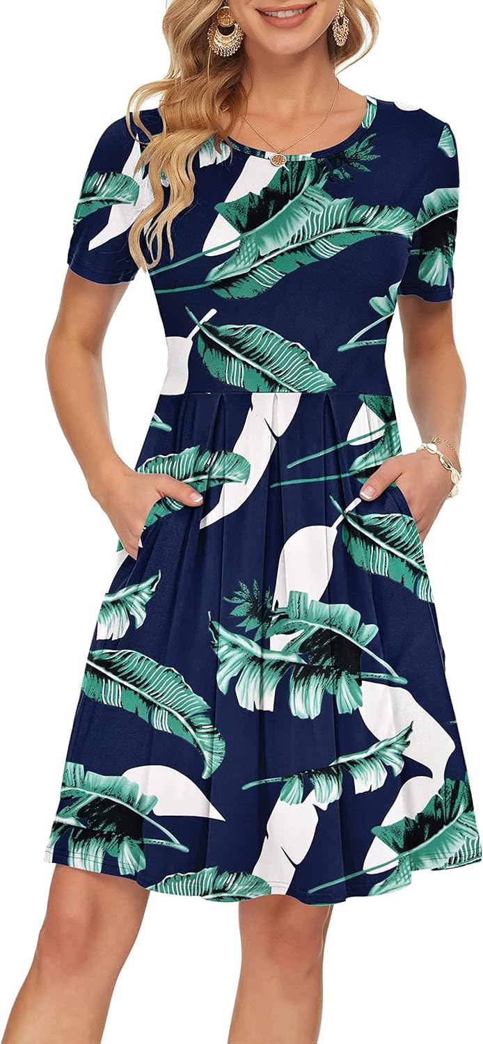 Manufacturer  AUSELILY Women's Short Sleeve Summer Dress Pleated Loose Swing Knee Length Dresses with Pockets  New dresses