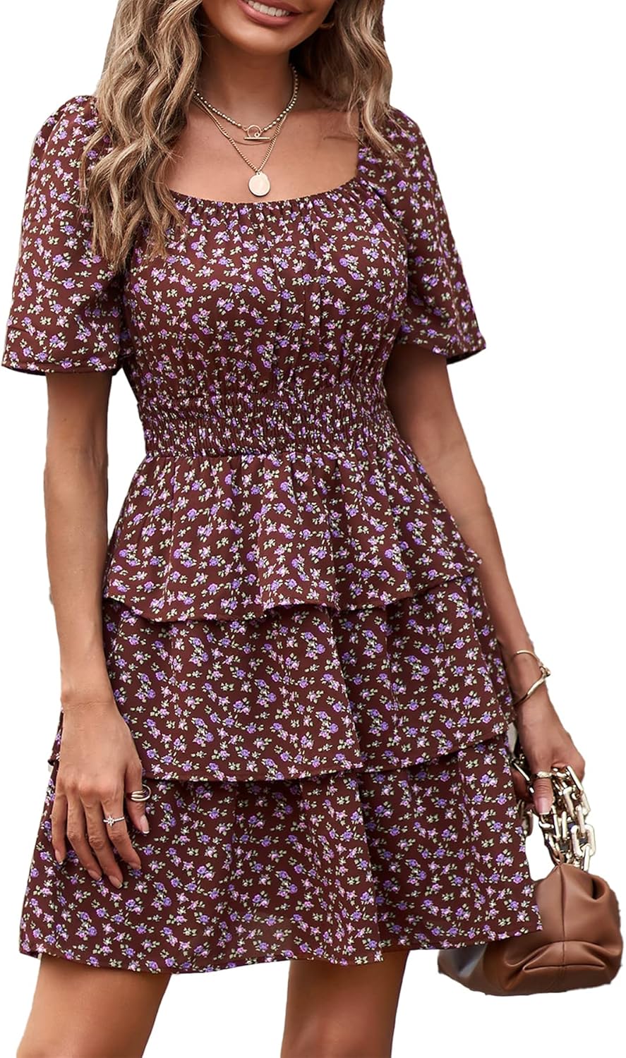 Manufacturer  PRETTYGARDEN Women's  Floral Summer Short Dress Square Neck Short Sleeve Tiered Ruffle Boho Swing Dresses dresses