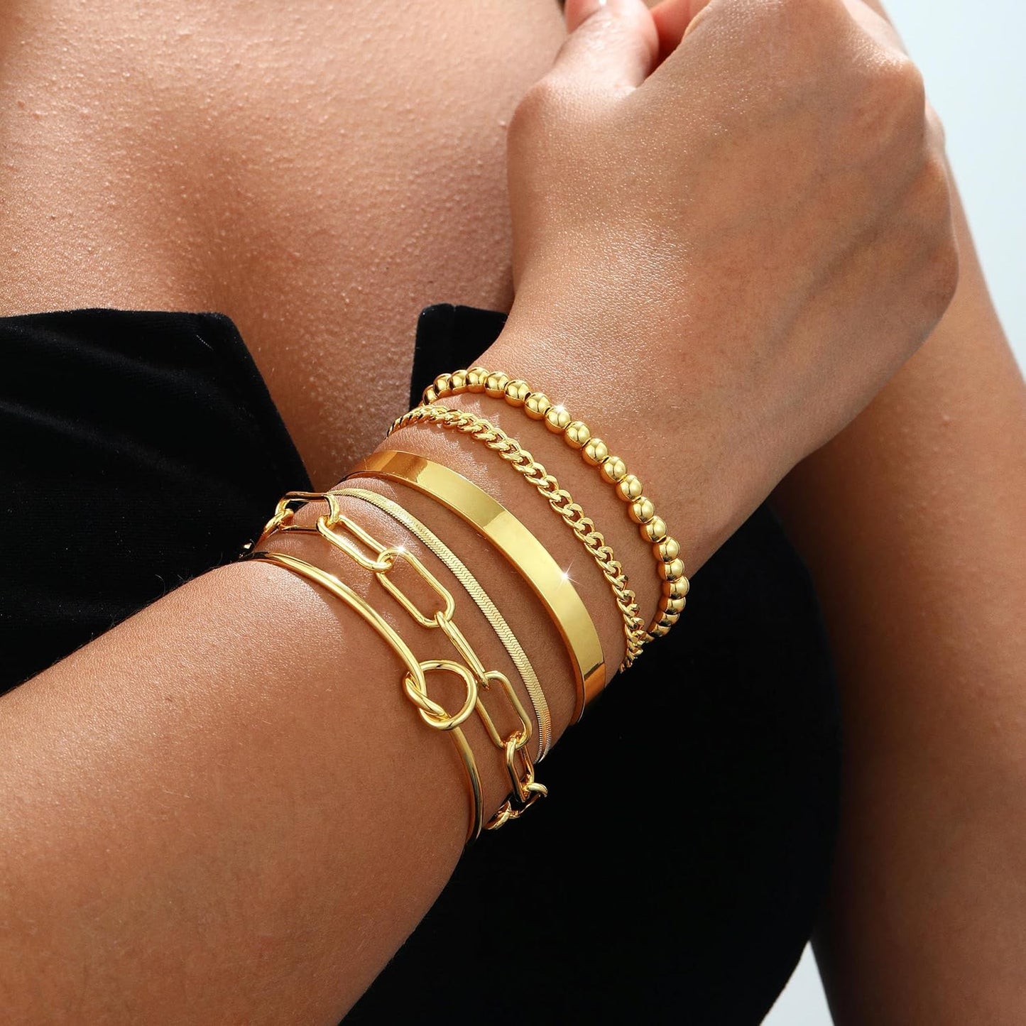 Manufacturer  Gold Bracelets for women 14K Gold Bangle Bracelet Stack - Adjustable Waterproof Trendy Bracelets Gold Filled Stacks Bangles Link Chain Gold Bracelet Non Tarnish for Women Jewelry Gifts  bracelets