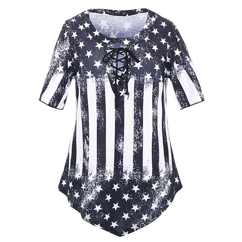 Hot Sale Crew Neck Deep V Sexy Short Sleeve Top Flag Print Loose T-Shirt Women's Clothing