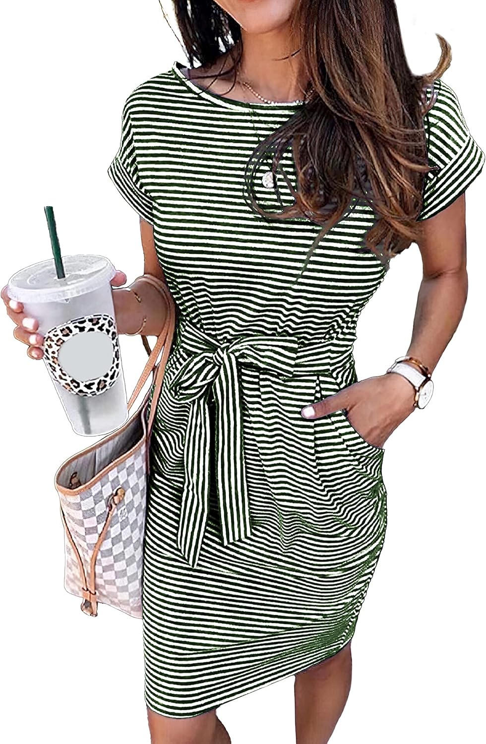 Manufacturer  PRETTYGARDEN Women's Summer Short Sleeve Crewneck Striped Dress Basic Solid Tie Waist Office T Shirt Dresses Pockets dresses