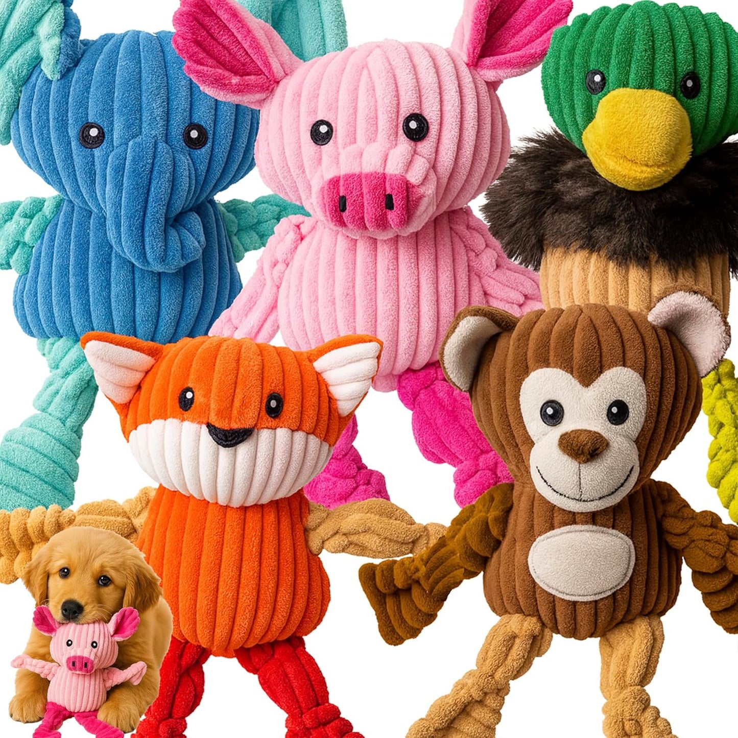 Manufacturer   Jalousie Plush Toys Assortment Value Bundle Puppy Pet Mutt Squeak Toy for Medium Large Dogs (5 Pack Corduroy)    Dog toy