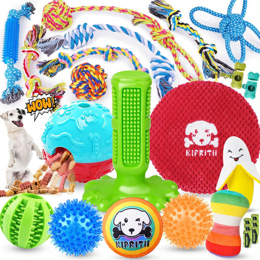 Manufacturer   KIPRITII 25 Pack Various Puppy Dog Toys for Teething, Entertainment & Interaction, Puppy Chew Toys Pack with Rope Toy, Treat Balls and Dog Squeaky Toys for Puppies & Small Dogs    Dog toy
