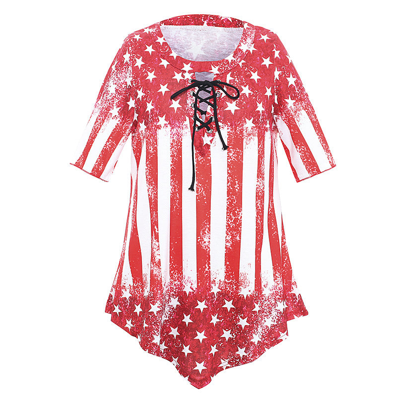 Hot Sale Crew Neck Deep V Sexy Short Sleeve Top Flag Print Loose T-Shirt Women's Clothing