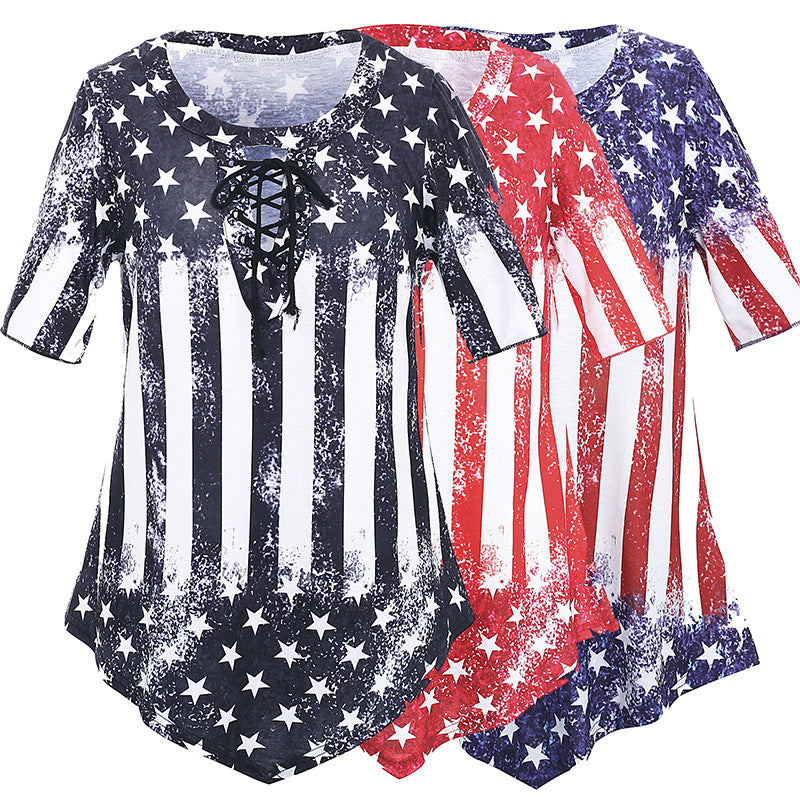 Hot Sale Crew Neck Deep V Sexy Short Sleeve Top Flag Print Loose T-Shirt Women's Clothing