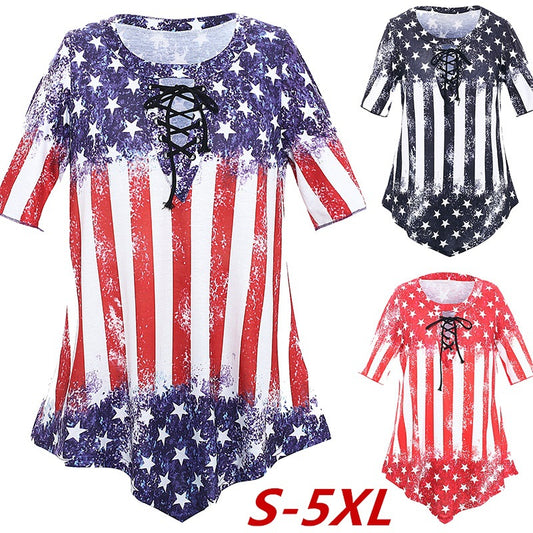 Hot Sale Crew Neck Deep V Sexy Short Sleeve Top Flag Print Loose T-Shirt Women's Clothing