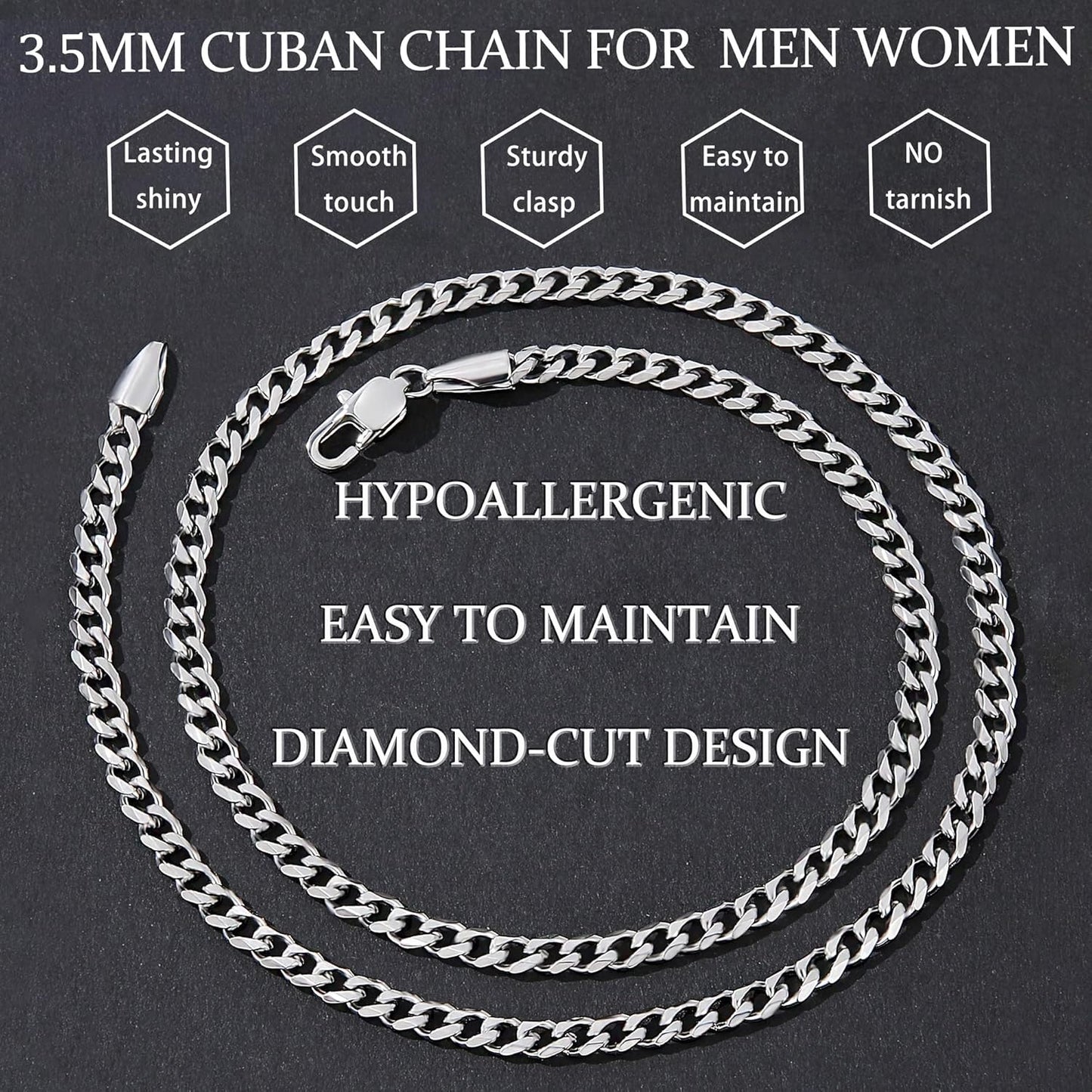 Manufacturer  Fiusem 3.5mm Cuban Link Chains for Men, women，Silver Tone/Black/14K Gold Plated Stainless Steel Necklace Chain, Mens Necklace 16, 18, 20, 22, 24, 26, 28 Inch  Necklace