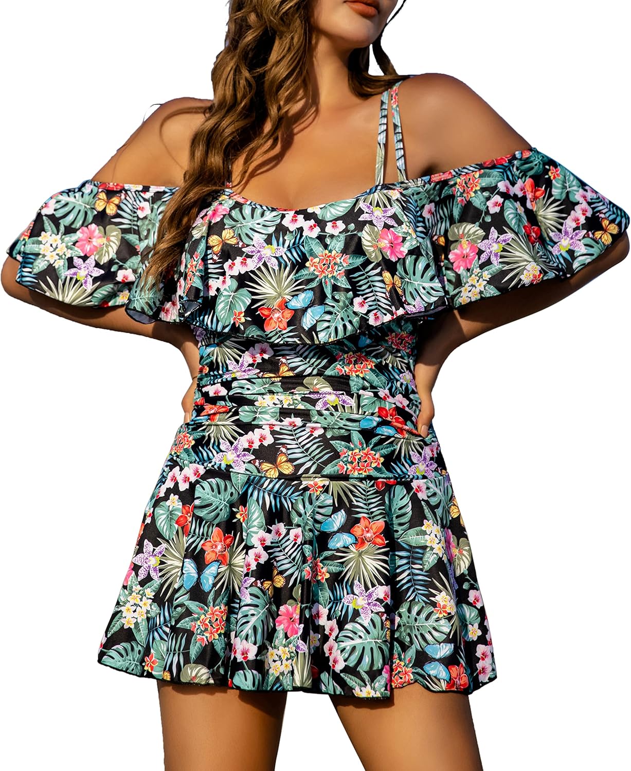 Manufacturer  COCOPEAR Women's One Piece Flounce Swimsuit Off Shoulder Bathing Suit Tummy Control Swimdress  Swimsuit