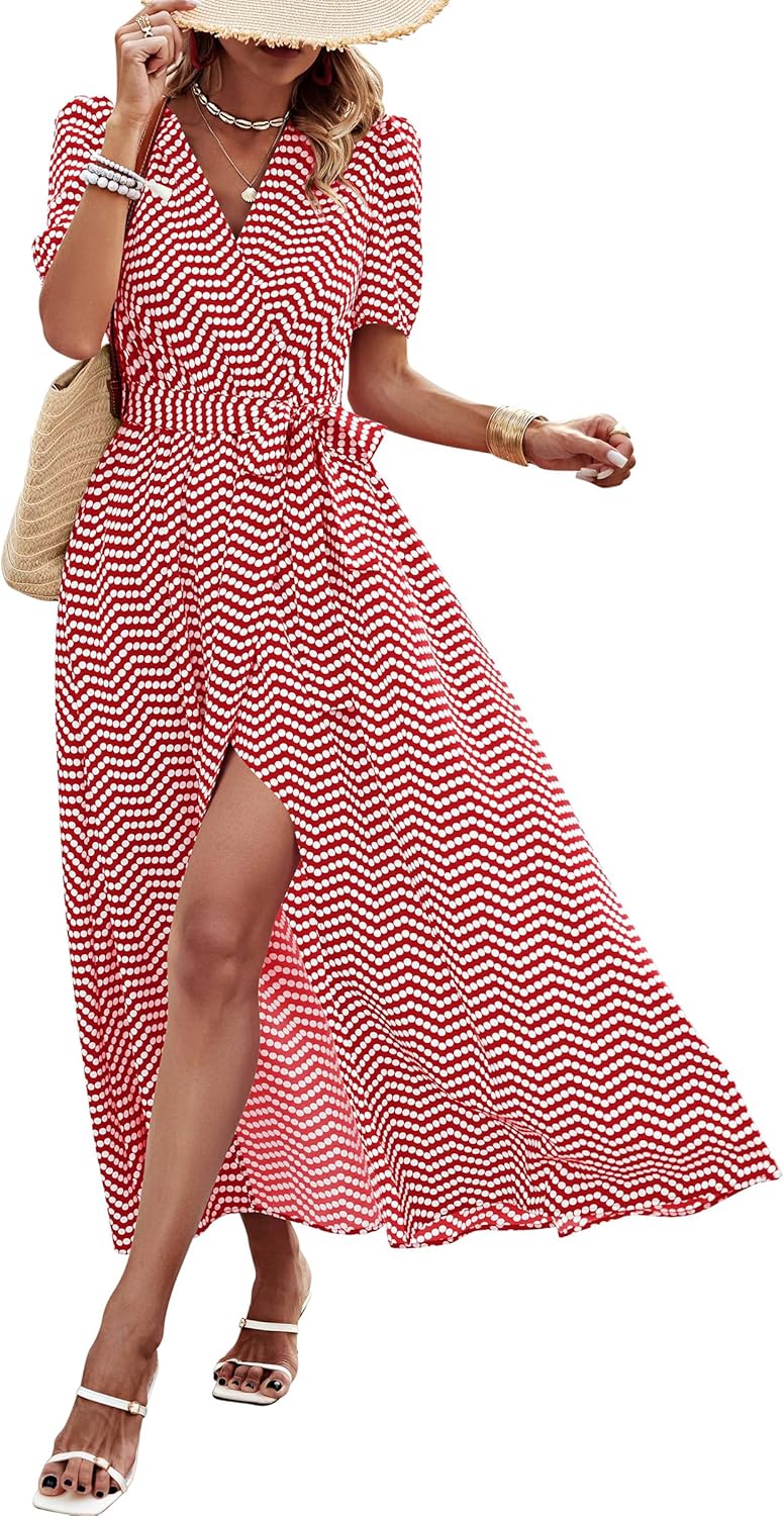 Manufacturer  PRETTYGARDEN Women's Summer Maxi Dress Casual Wrap Floral Boho Short Sleeve V Neck Split Ruffle Beach Long Dresses dresses