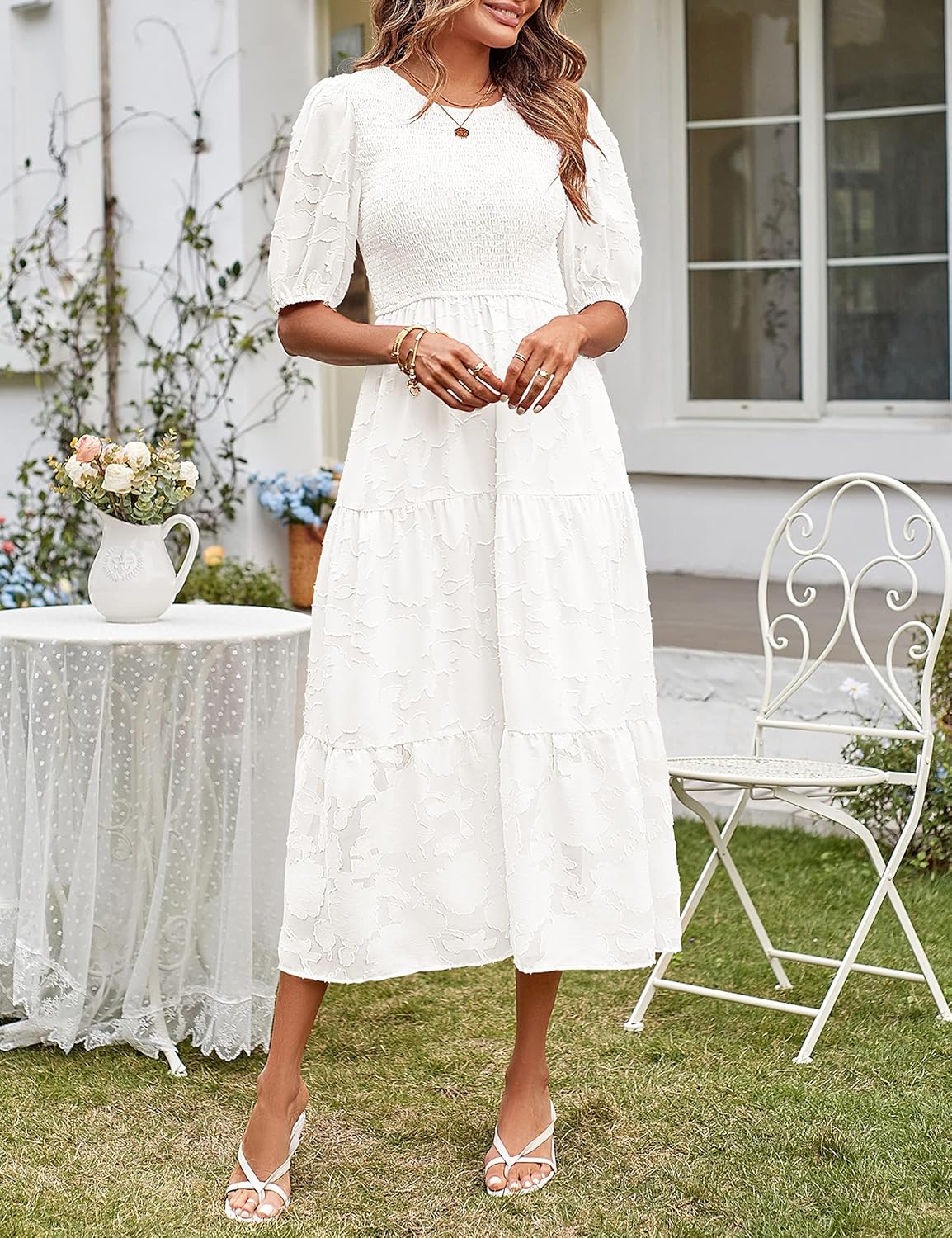 Manufacturer  MEROKEETY Women's  Summer Puff Sleeve Smocked Floral Dress Crewneck Lace Flowy Tiered Midi Dresses dresses