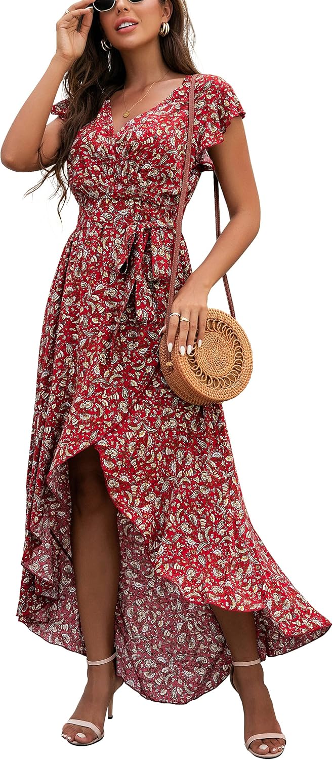 Manufacturer  GRECERELLE  Women's Spring Summer Boho Floral Print V-Neck Faux Wrap Maxi Dress for Wedding Guest, Graduation, Party dresses