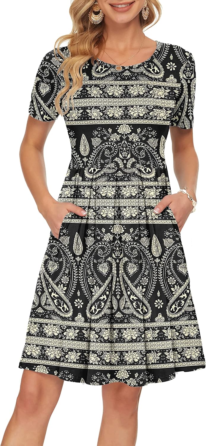Manufacturer  AUSELILY Women's Short Sleeve Summer Dress Pleated Loose Swing Knee Length Dresses with Pockets  New dresses