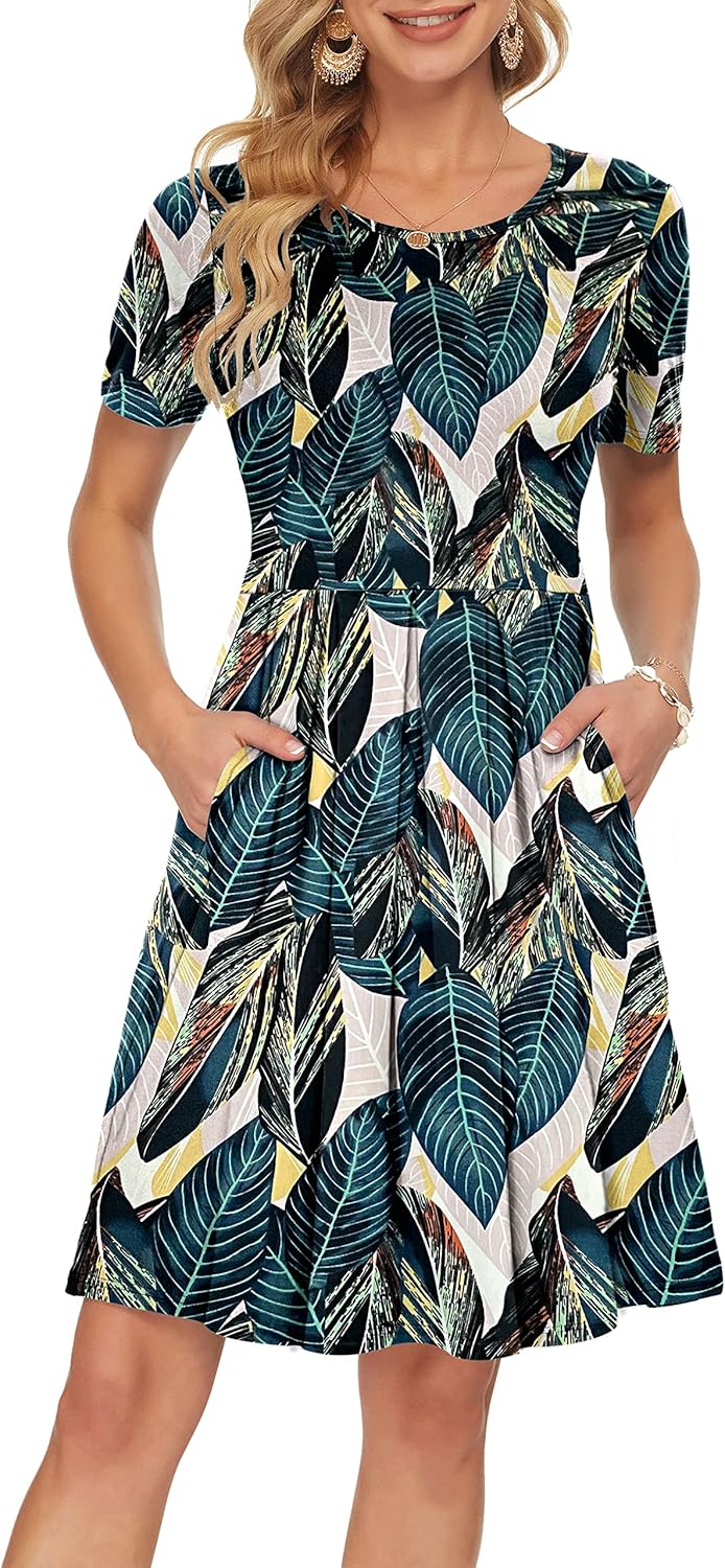 Manufacturer  AUSELILY Women's Short Sleeve Summer Dress Pleated Loose Swing Knee Length Dresses with Pockets  New dresses