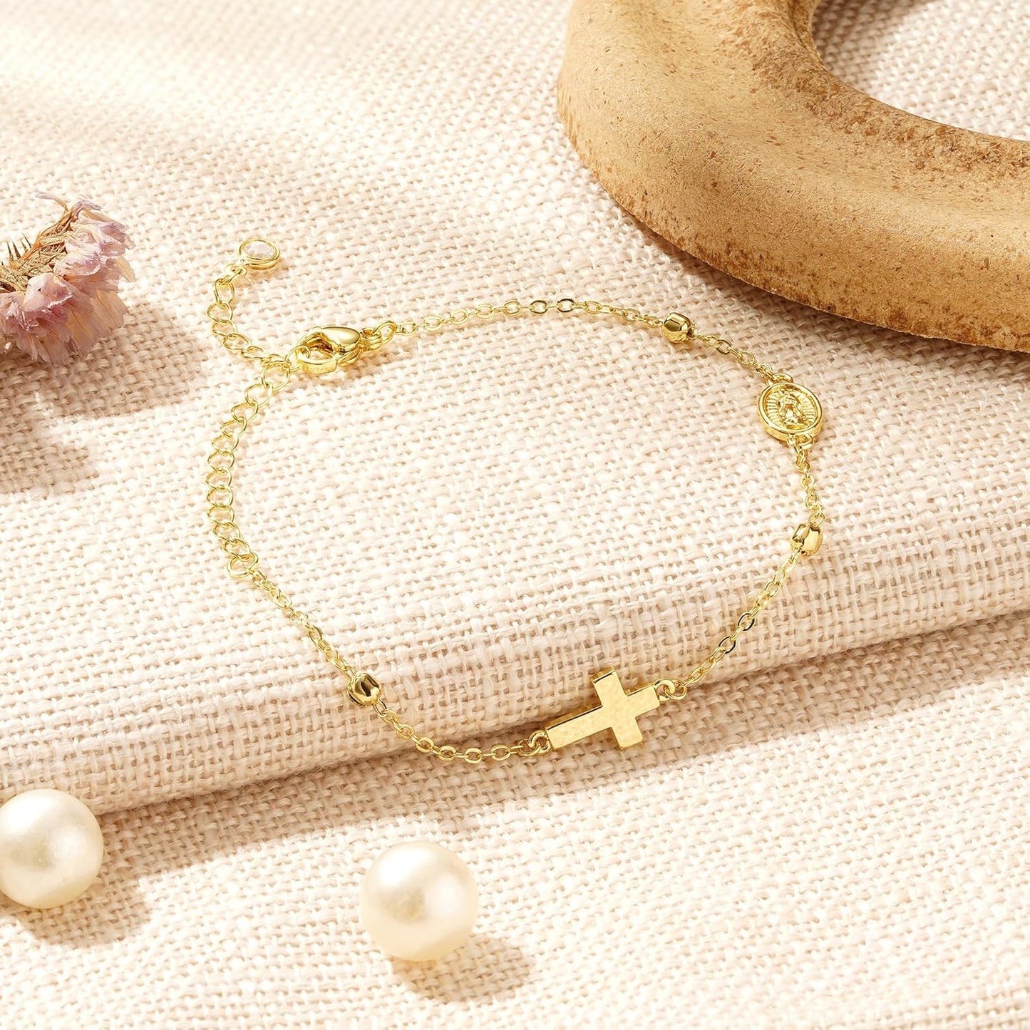 Manufacturer  Turandoss Gold Cross Bracelets for Women - 14K Gold Plated Satellite Bead CZ Pearl Holy Mary Medal Cross Bracelet Dainty Bracelets for Women Faith Jewelry Christian Baptism Religious Gifts  bracelets