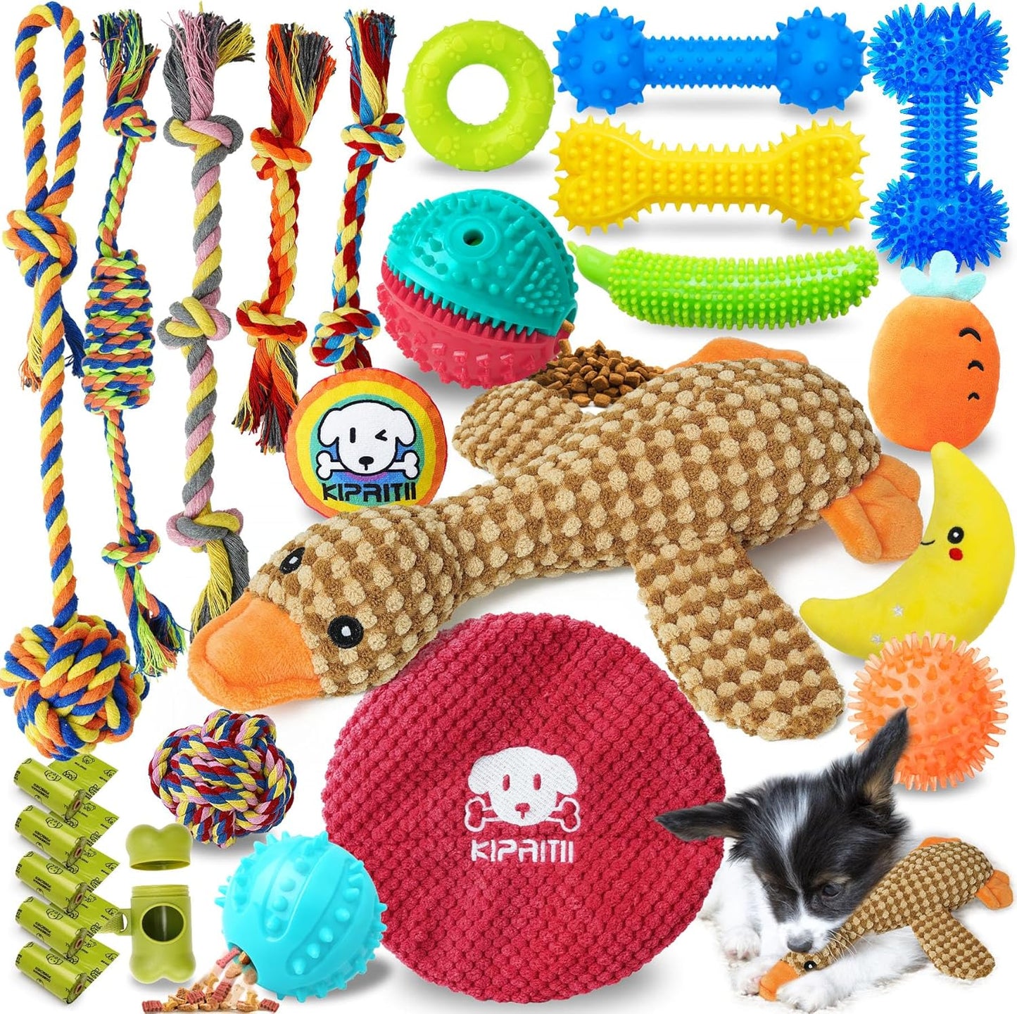 Manufacturer   KIPRITII 25 Pack Various Puppy Dog Toys for Teething, Entertainment & Interaction, Puppy Chew Toys Pack with Rope Toy, Treat Balls and Dog Squeaky Toys for Puppies & Small Dogs    Dog toy