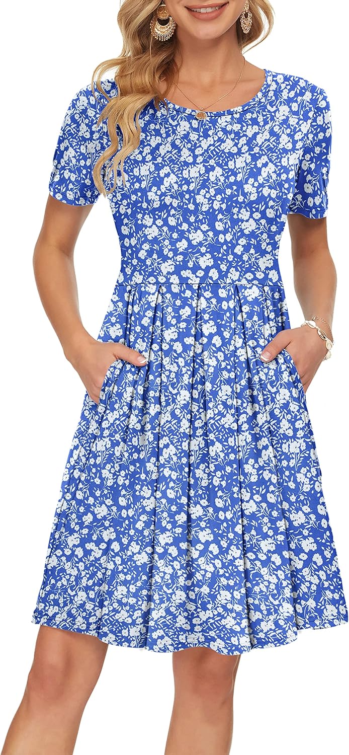 Manufacturer  AUSELILY Women's Short Sleeve Summer Dress Pleated Loose Swing Knee Length Dresses with Pockets  New dresses