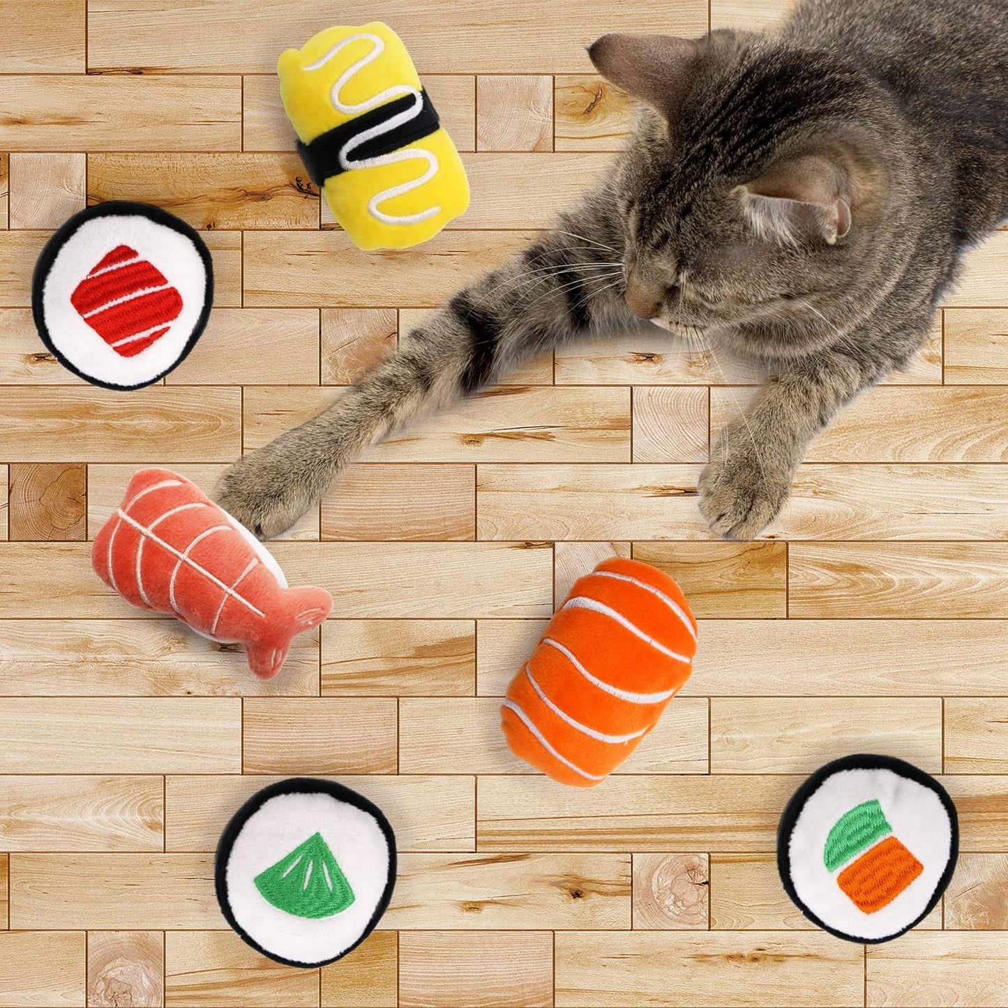 Manufacturer  CiyvoLyeen 6 Pack Sushi Cat Toys with Catnip Sushi Roll Pillow Kitten Chew Bite Supplies Boredom Relief Fluffy Kitty Teeth Cleaning Chewing Cat Lovers Interactive Plush    Cat toy