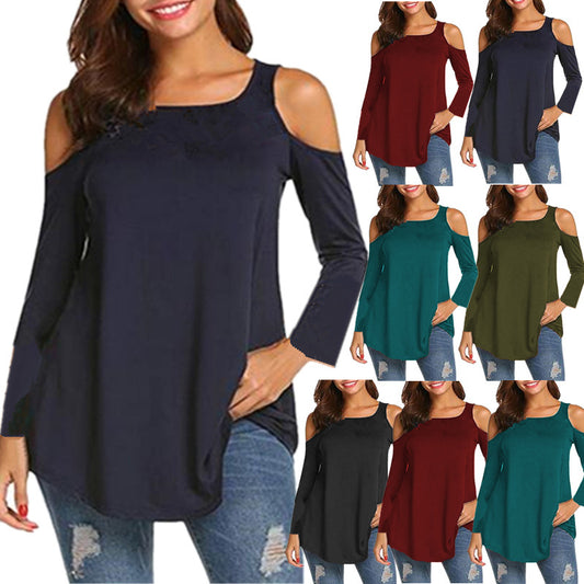 Autumn new European and American women's off-shoulder long-sleeved T-shirt loose large-size top