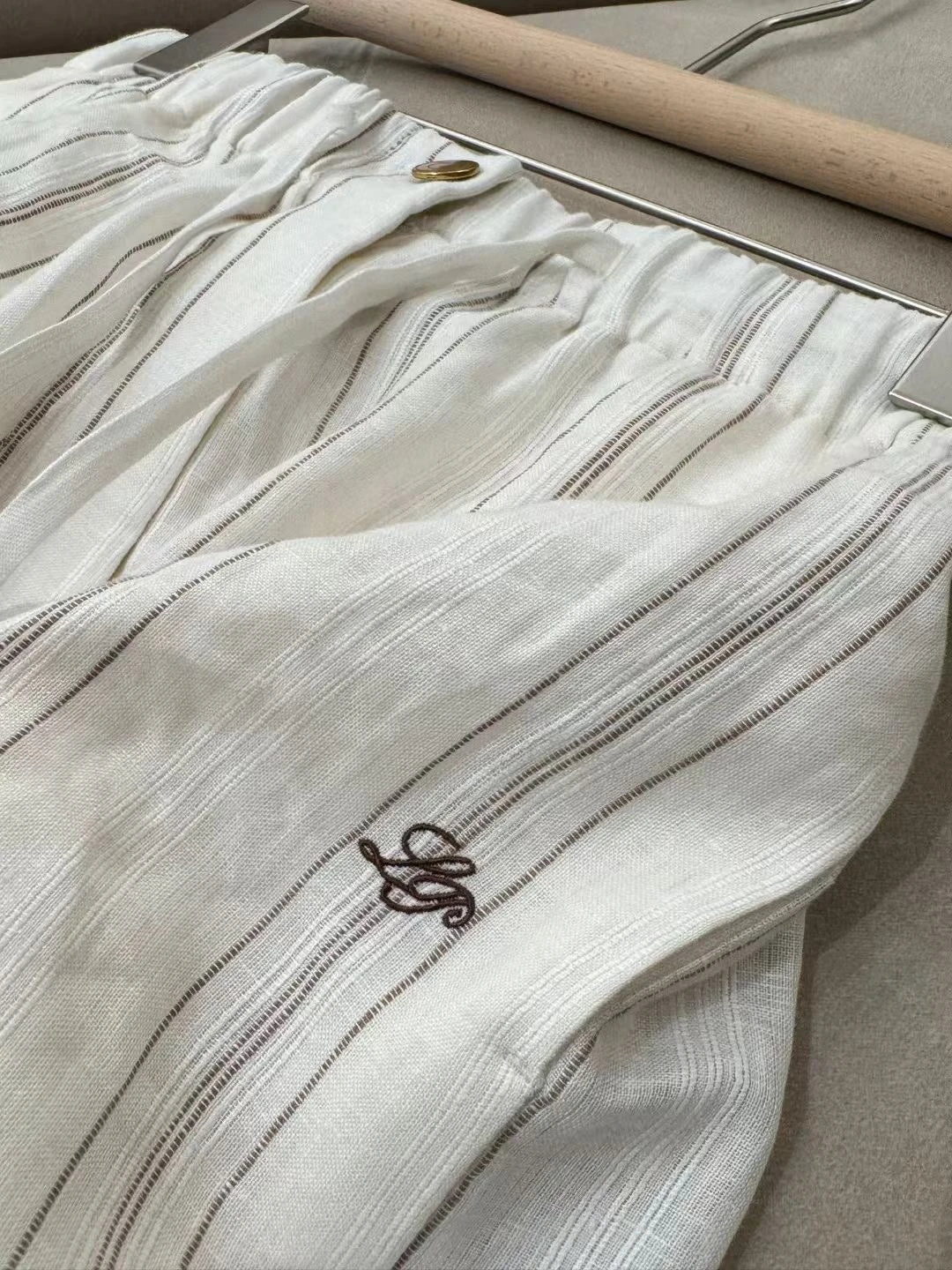 Women's New Linen Striped Stretch Waist Straight Casual Pants Wide Leg Pant