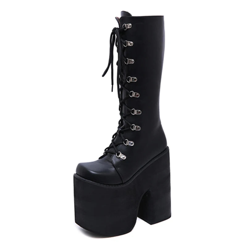 Manufacturer   Zipper Platform Boots Knee High Motorcycle Boots Black Closed Toe Lace Up Long Boots   boots