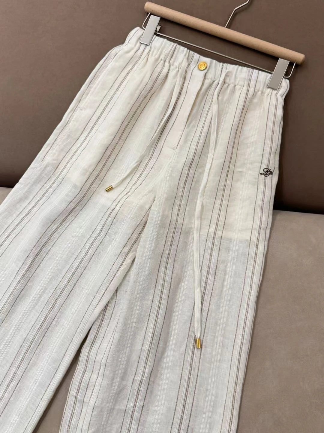 Women's New Linen Striped Stretch Waist Straight Casual Pants Wide Leg Pant