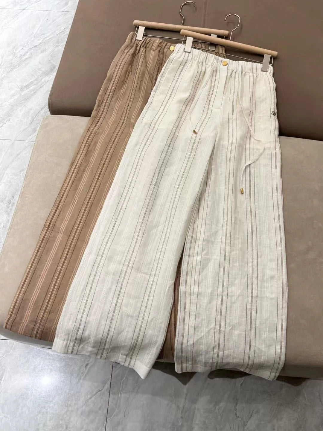 Women's New Linen Striped Stretch Waist Straight Casual Pants Wide Leg Pant