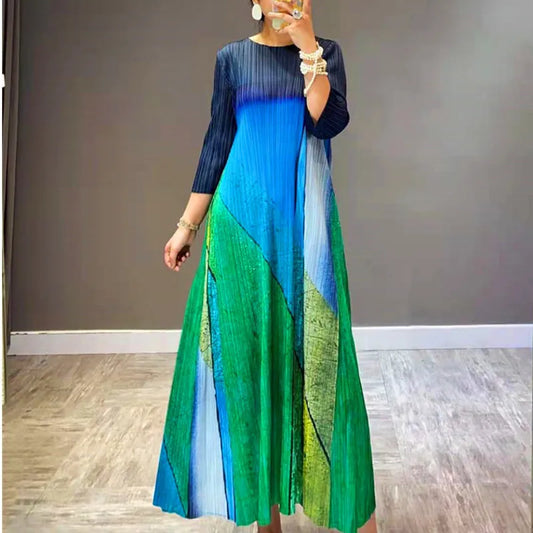 Pleats New High Fashion French Vintage Women Green Causal Long Dress Original Designer Clothing In Stock