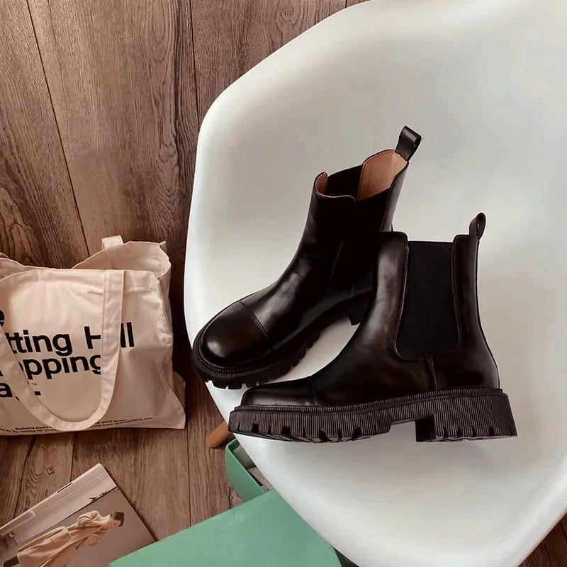 Manufacturer   Boots Platform Women Cow Leather Chelsea Boots Round Toe Elastic Band Thick Sole Ladies Shoes Handmade    boots