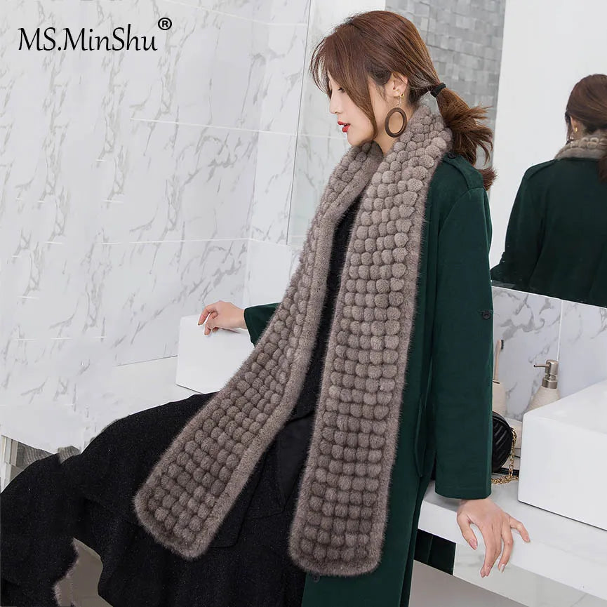 MS.Minshu-Real Mink Fur Scarf Balls for Women, Neck Warmer, Luxury Fashion, Winter