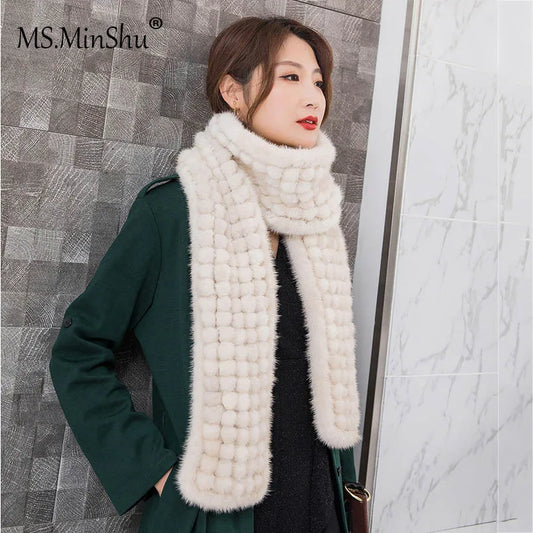MS.Minshu-Real Mink Fur Scarf Balls for Women, Neck Warmer, Luxury Fashion, Winter